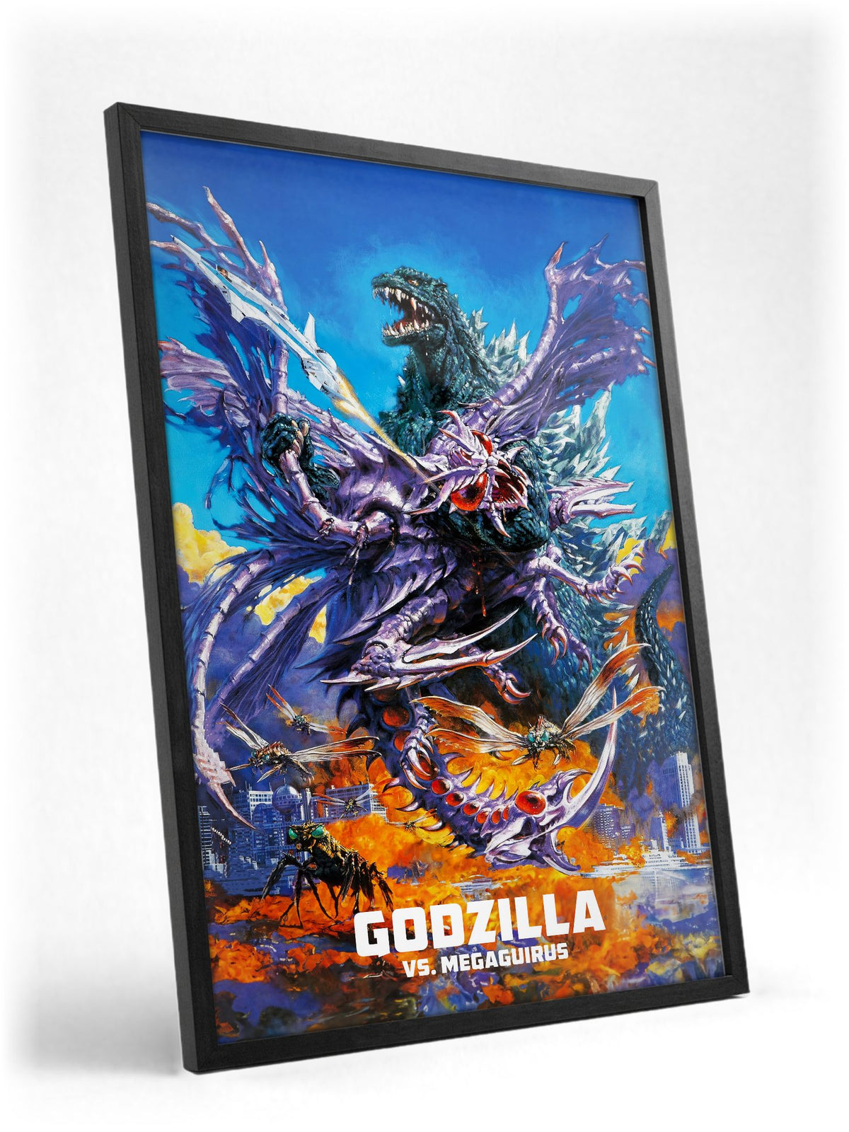 Godzilla vs. Megaguirus (2000) Movie Key Art poster in a black frame with glass leaning against a wall