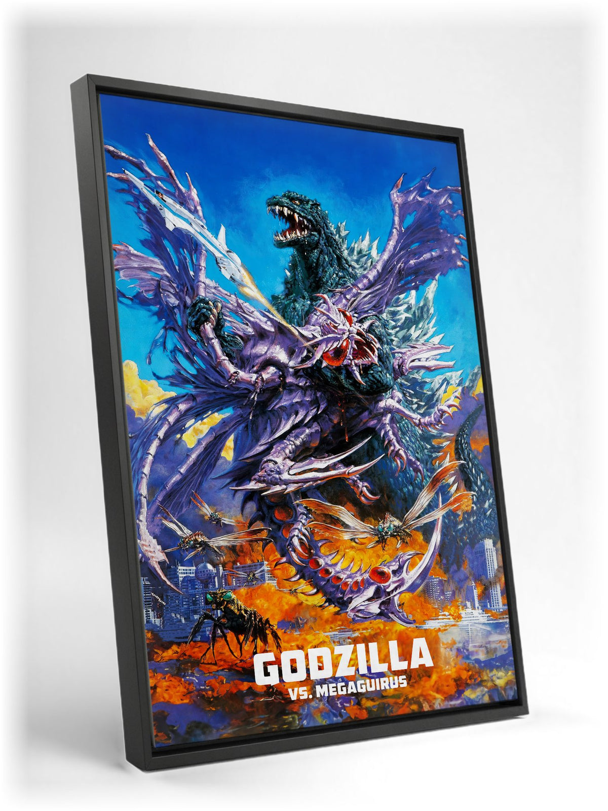 Godzilla vs. Megaguirus (2000) Movie Key Art as a black floater framed canvas leaning against a wall