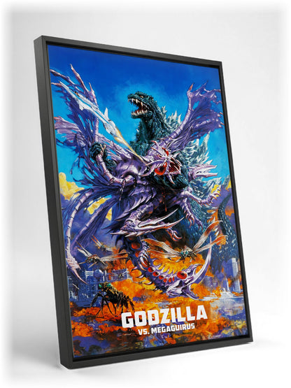 Godzilla vs. Megaguirus (2000) Movie Key Art as a black floater framed canvas leaning against a wall