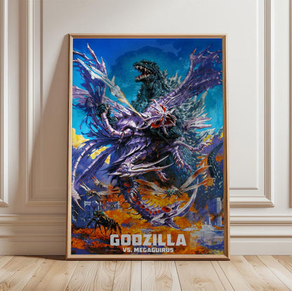 Godzilla vs. Megaguirus (2000) Movie Key Art poster in a light oak frame leaning against a white wall