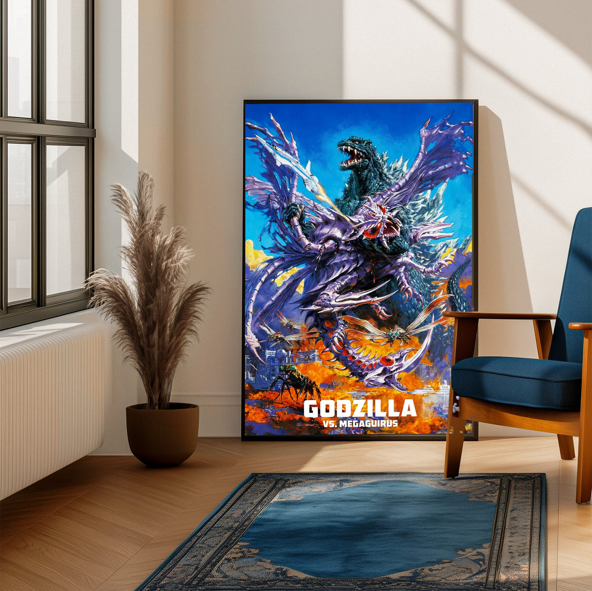 Godzilla vs. Megaguirus (2000) Movie Key Art poster framed beside a blue armchair in a sunlit room