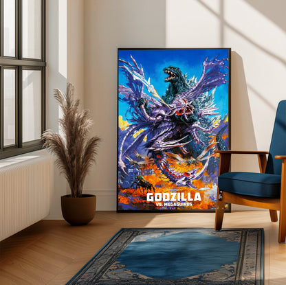 Godzilla vs. Megaguirus (2000) Movie Key Art poster framed beside a blue armchair in a sunlit room