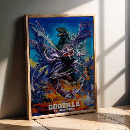 Godzilla vs. Megaguirus (2000) Movie Key Art poster in an oak frame leaning on a wooden floor
