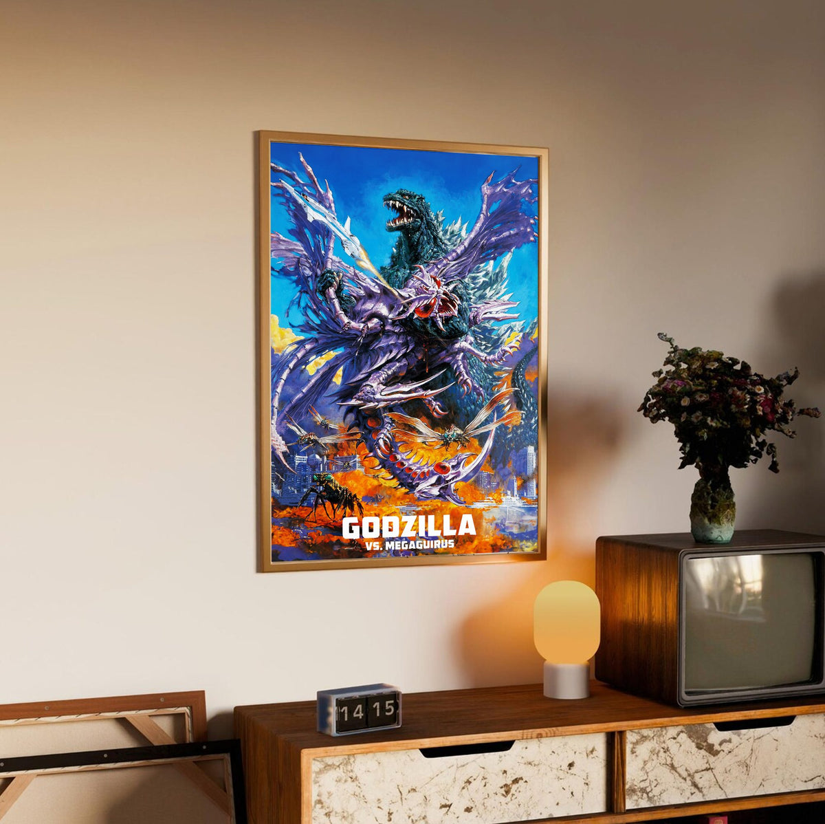 Godzilla vs. Megaguirus (2000) Movie Key Art poster in an oak frame above a sideboard