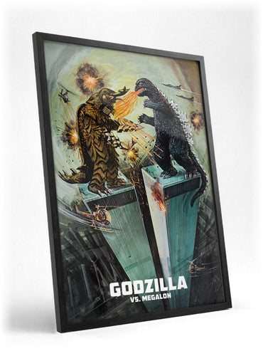 Godzilla vs. Megalon (1973) Movie Illustrated Art poster in a black frame with glass leaning against a wall