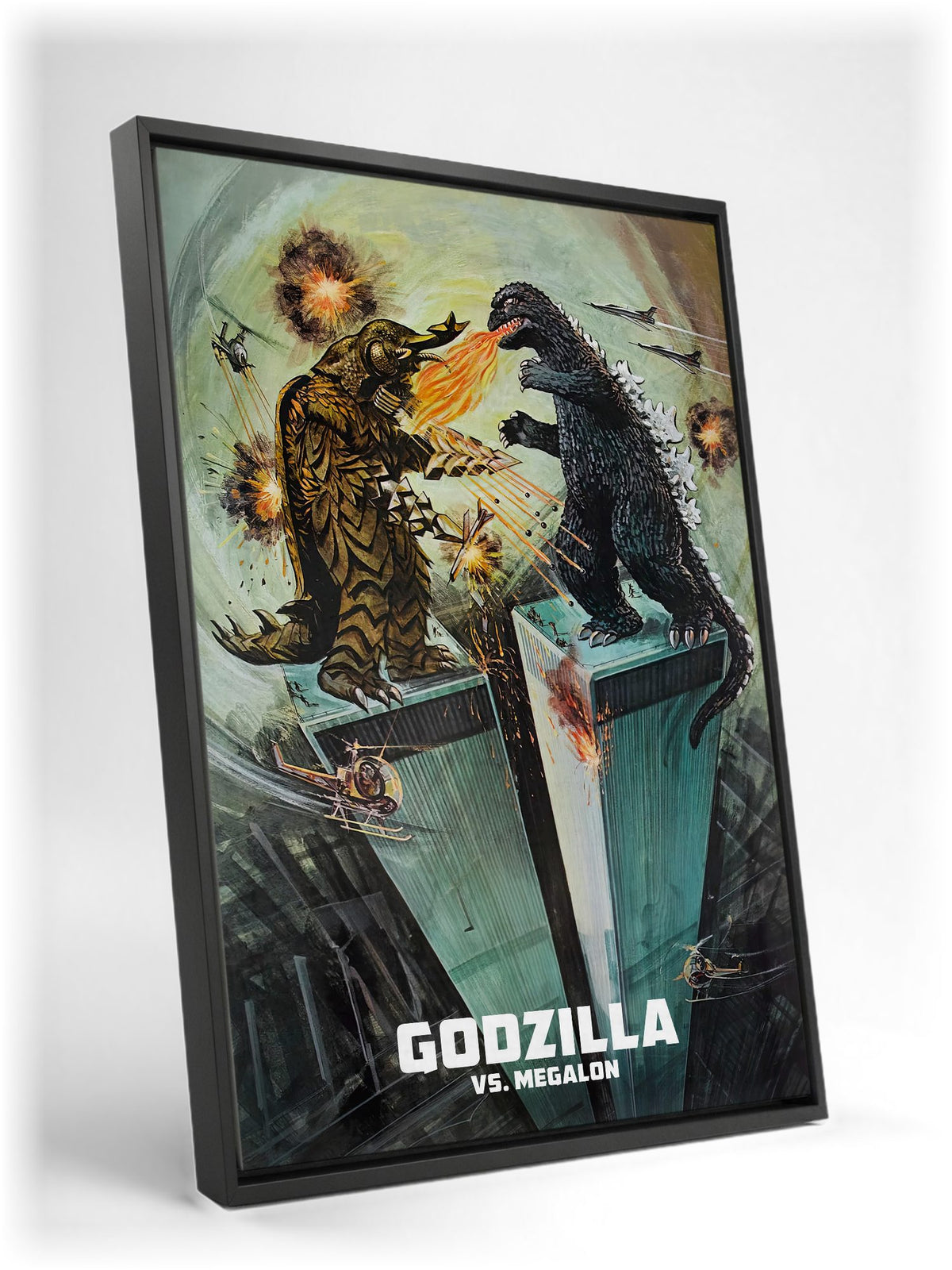 Godzilla vs. Megalon (1973) Movie Illustrated Art as a black floater framed canvas leaning against a wall