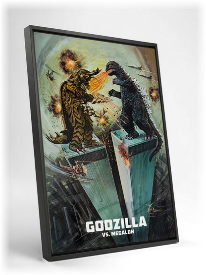 Godzilla vs. Megalon (1973) Movie Illustrated Art as a black floater framed canvas leaning against a wall