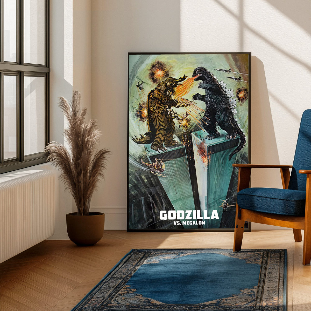 Godzilla vs. Megalon (1973) Movie Illustrated Art poster framed beside a blue armchair in a sunlit room