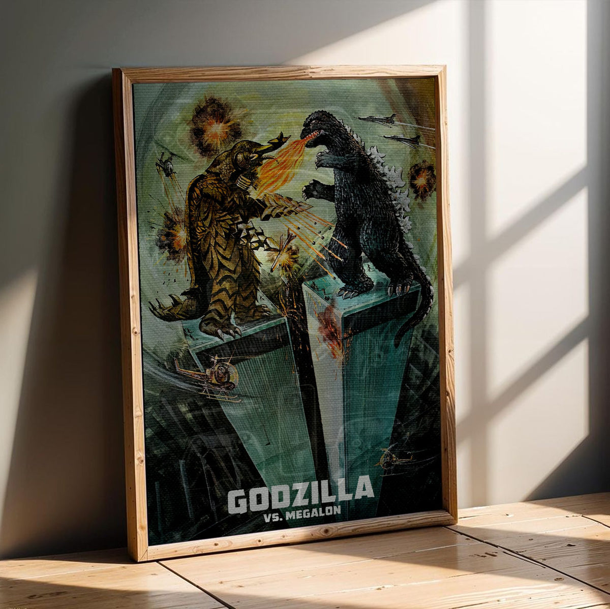 Godzilla vs. Megalon (1973) Movie Illustrated Art poster in an oak frame leaning on a wooden floor