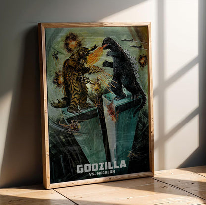 Godzilla vs. Megalon (1973) Movie Illustrated Art poster in an oak frame leaning on a wooden floor
