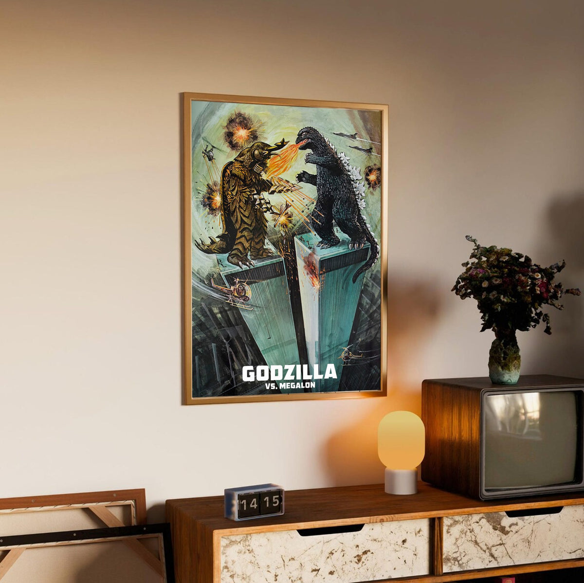 Godzilla vs. Megalon (1973) Movie Illustrated Art poster in an oak frame above a sideboard