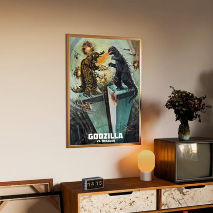 Godzilla vs. Megalon (1973) Movie Illustrated Art poster in an oak frame above a sideboard