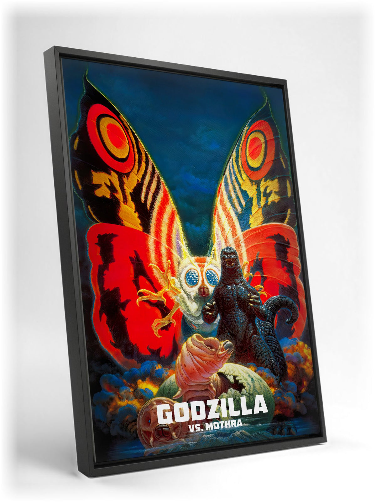 Godzilla vs. Mothra (1992) Movie Key Art as a black floater framed canvas leaning against a wall