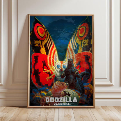 Godzilla vs. Mothra (1992) Movie Key Art poster in a light oak frame leaning against a white wall