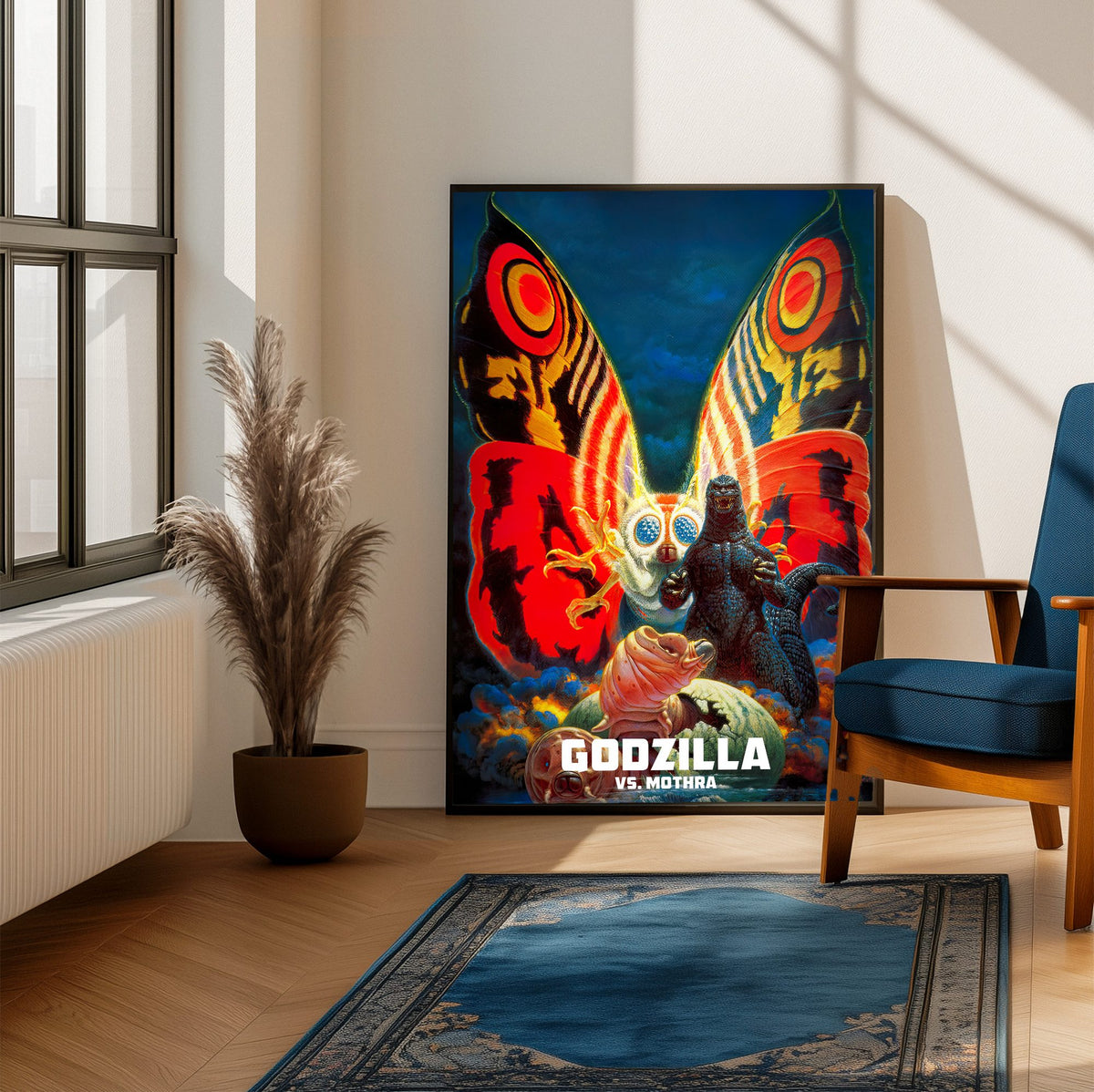 Godzilla vs. Mothra (1992) Movie Key Art poster framed beside a blue armchair in a sunlit room