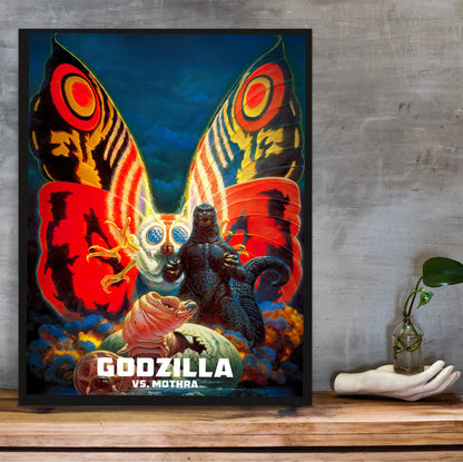 Godzilla vs. Mothra (1992) Movie Key Art poster in a black frame on a wooden shelf against concrete