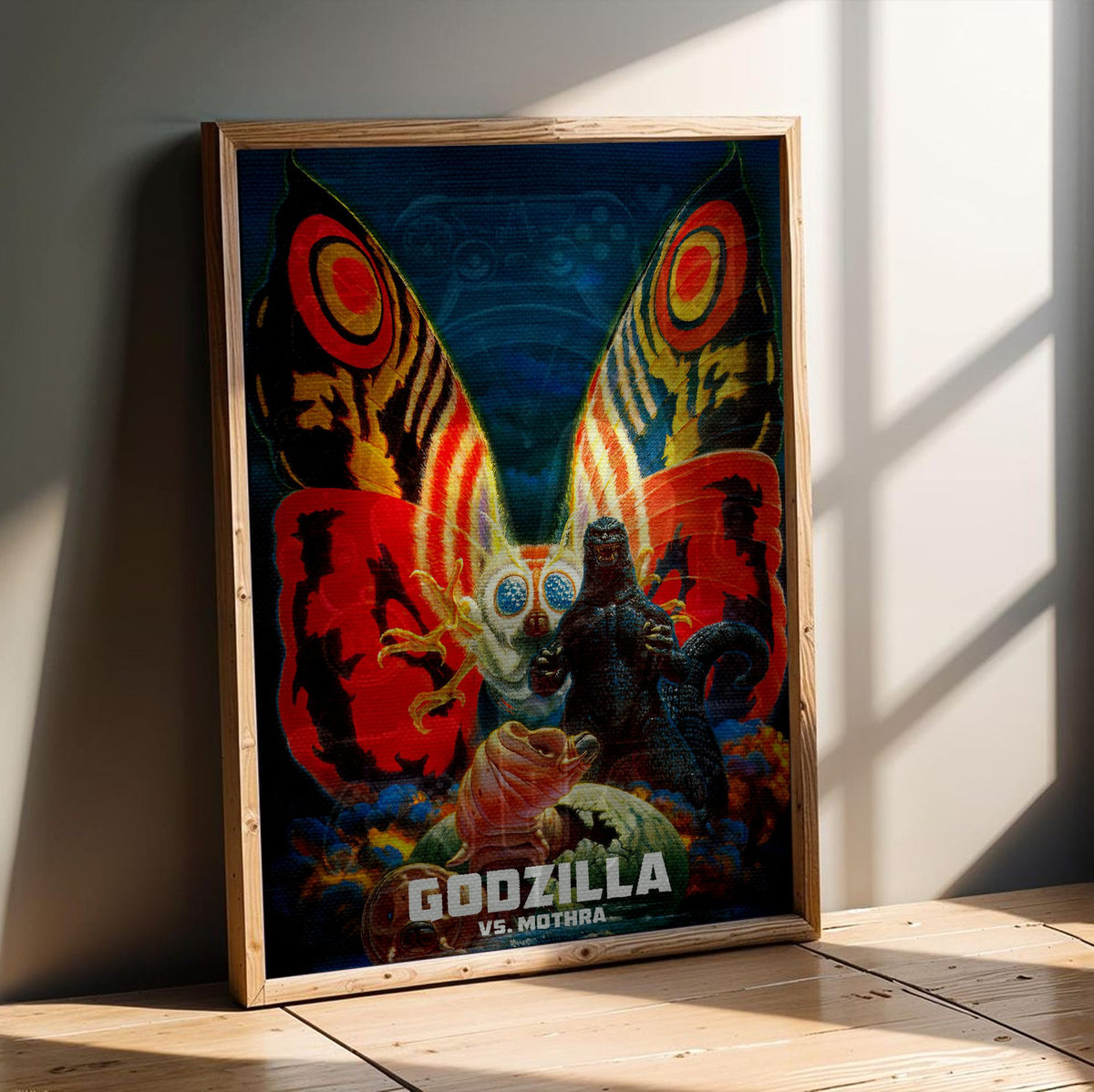 Godzilla vs. Mothra (1992) Movie Key Art poster in an oak frame leaning on a wooden floor