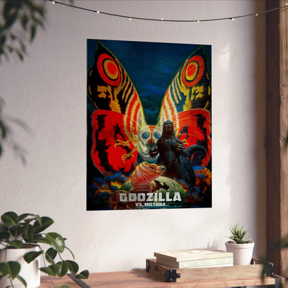Godzilla vs. Mothra (1992) Movie Key Art poster unframed on a white wall above a desk