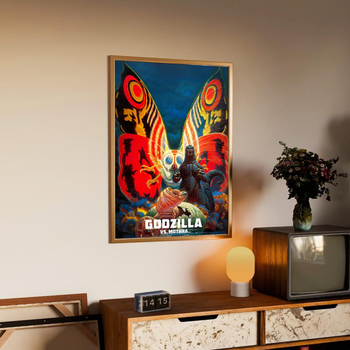 Godzilla vs. Mothra (1992) Movie Key Art poster in an oak frame above a sideboard