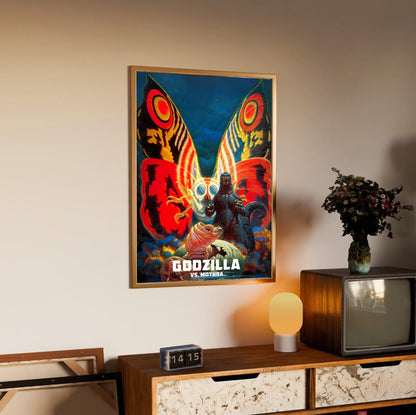 Godzilla vs. Mothra (1992) Movie Key Art poster in an oak frame above a sideboard