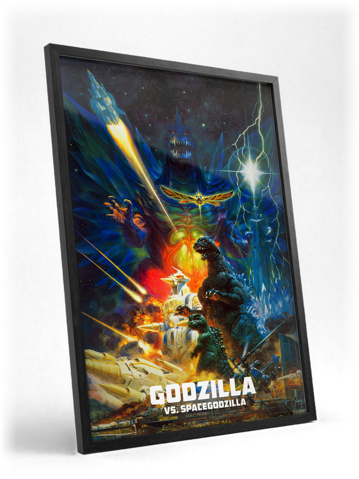 Godzilla vs. SpaceGodzilla (1994) Movie Key Art poster in a black frame with glass leaning against a wall