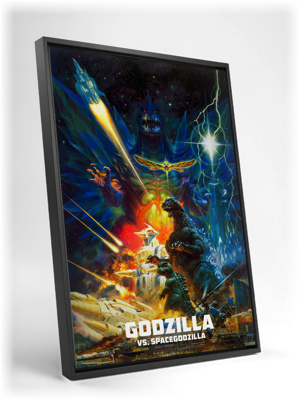 Godzilla vs. SpaceGodzilla (1994) Movie Key Art as a black floater framed canvas leaning against a wall