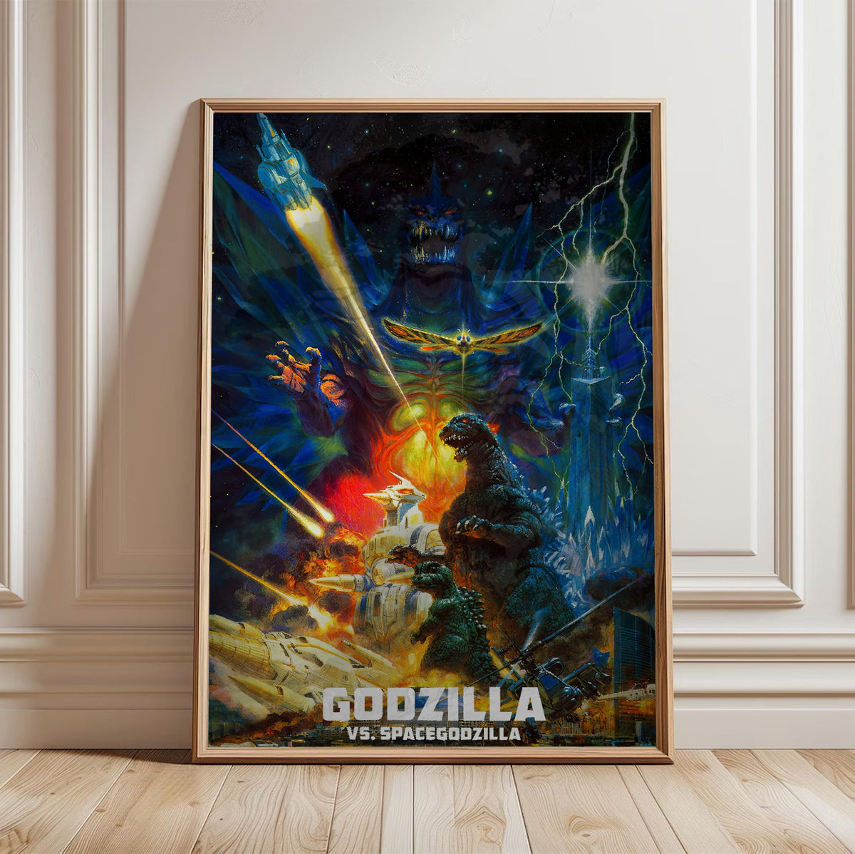 Godzilla vs. SpaceGodzilla (1994) Movie Key Art poster in a light oak frame leaning against a white wall