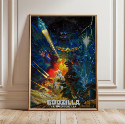 Godzilla vs. SpaceGodzilla (1994) Movie Key Art poster in a light oak frame leaning against a white wall