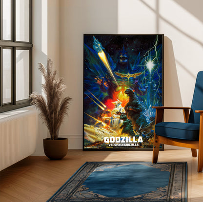 Godzilla vs. SpaceGodzilla (1994) Movie Key Art poster framed beside a blue armchair in a sunlit room