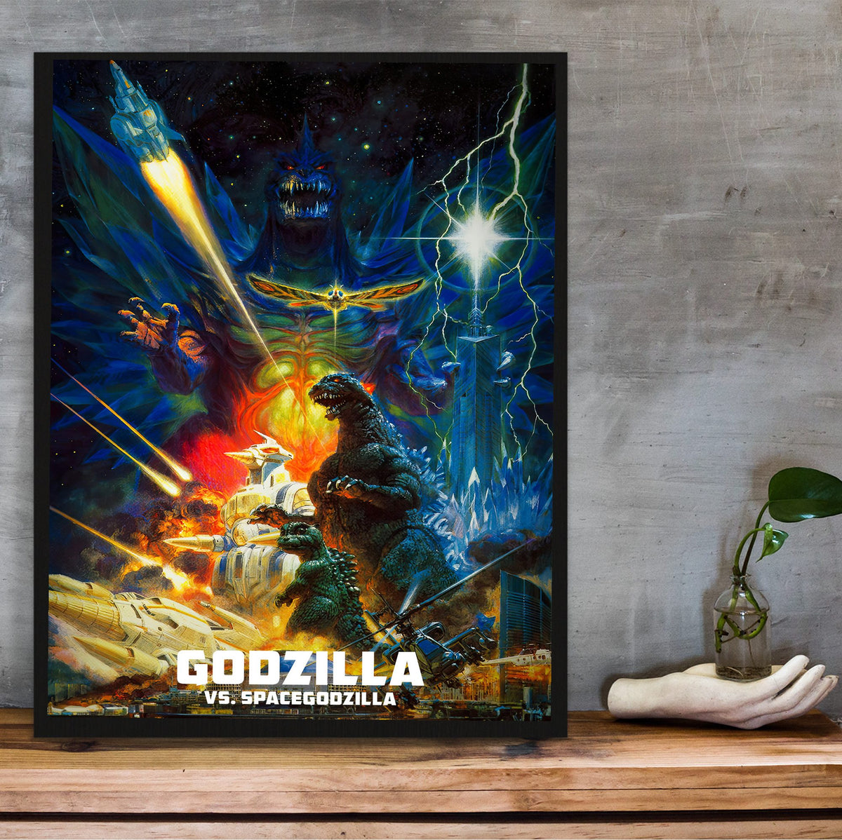 Godzilla vs. SpaceGodzilla (1994) Movie Key Art poster in a black frame on a wooden shelf against concrete