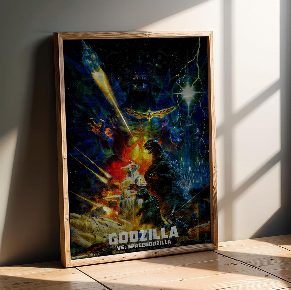 Godzilla vs. SpaceGodzilla (1994) Movie Key Art poster in an oak frame leaning on a wooden floor