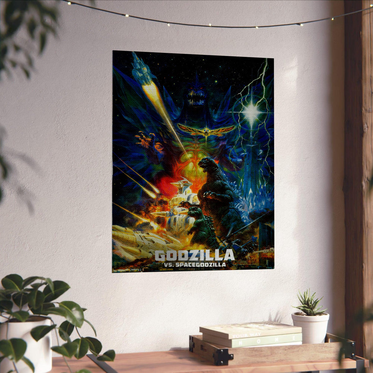 Godzilla vs. SpaceGodzilla (1994) Movie Key Art poster unframed on a white wall above a desk