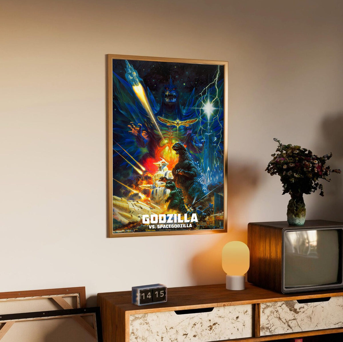 Godzilla vs. SpaceGodzilla (1994) Movie Key Art poster in an oak frame above a sideboard