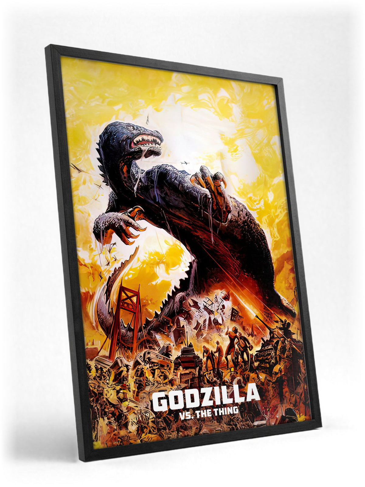 Godzilla vs. The Thing (1964) Movie Illustrated Art poster in a black frame with glass leaning against a wall