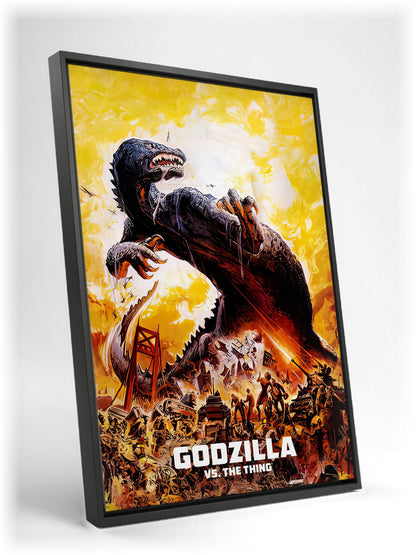Godzilla vs. The Thing (1964) Movie Illustrated Art as a black floater framed canvas leaning against a wall