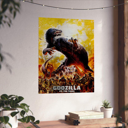 Godzilla vs. The Thing (1964) Movie Illustrated Art poster unframed on a white wall above a desk
