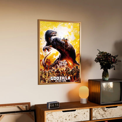 Godzilla vs. The Thing (1964) Movie Illustrated Art poster in an oak frame above a sideboard