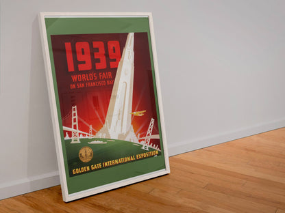 Golden Gate Exposition 1939 poster in a white frame leaning against a wall