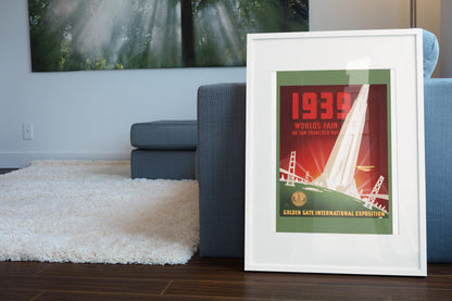Golden Gate Exposition 1939 poster leaning beside a blue sofa