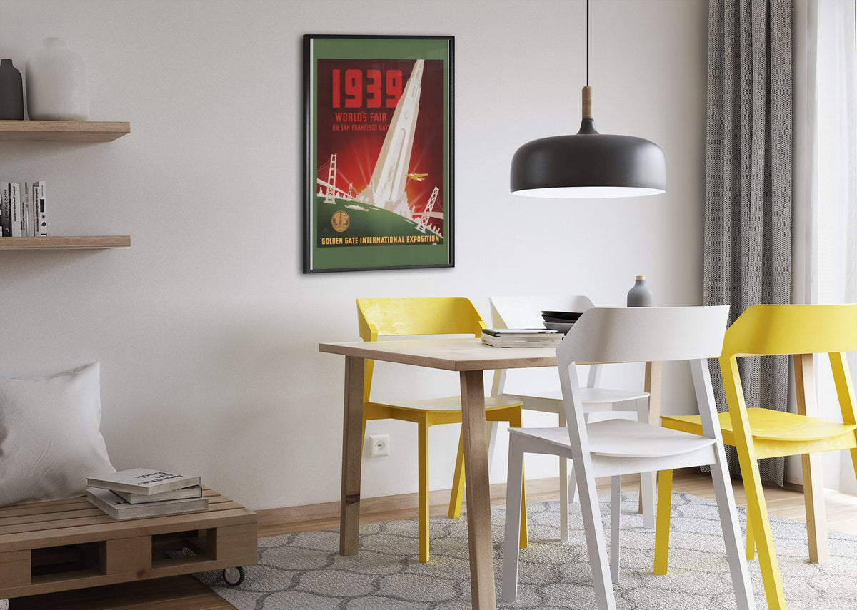 Golden Gate Exposition 1939 poster framed above a dining table