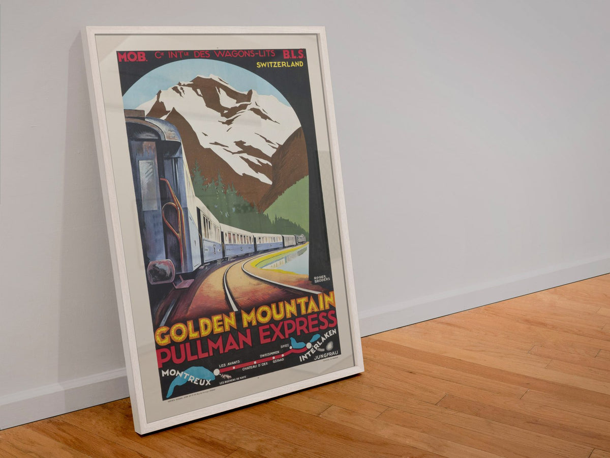 Golden Mountain Pullman Express poster in a white frame leaning against a wall