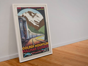 Golden Mountain Pullman Express poster in a white frame leaning against a wall
