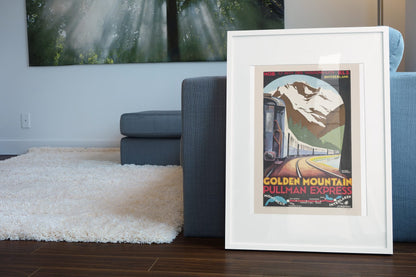 Golden Mountain Pullman Express poster leaning beside a blue sofa