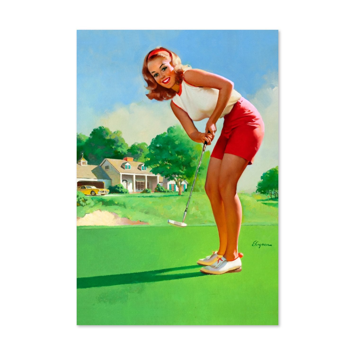Golfing Girl by Gil Elvgren, pin-up poster — framed print