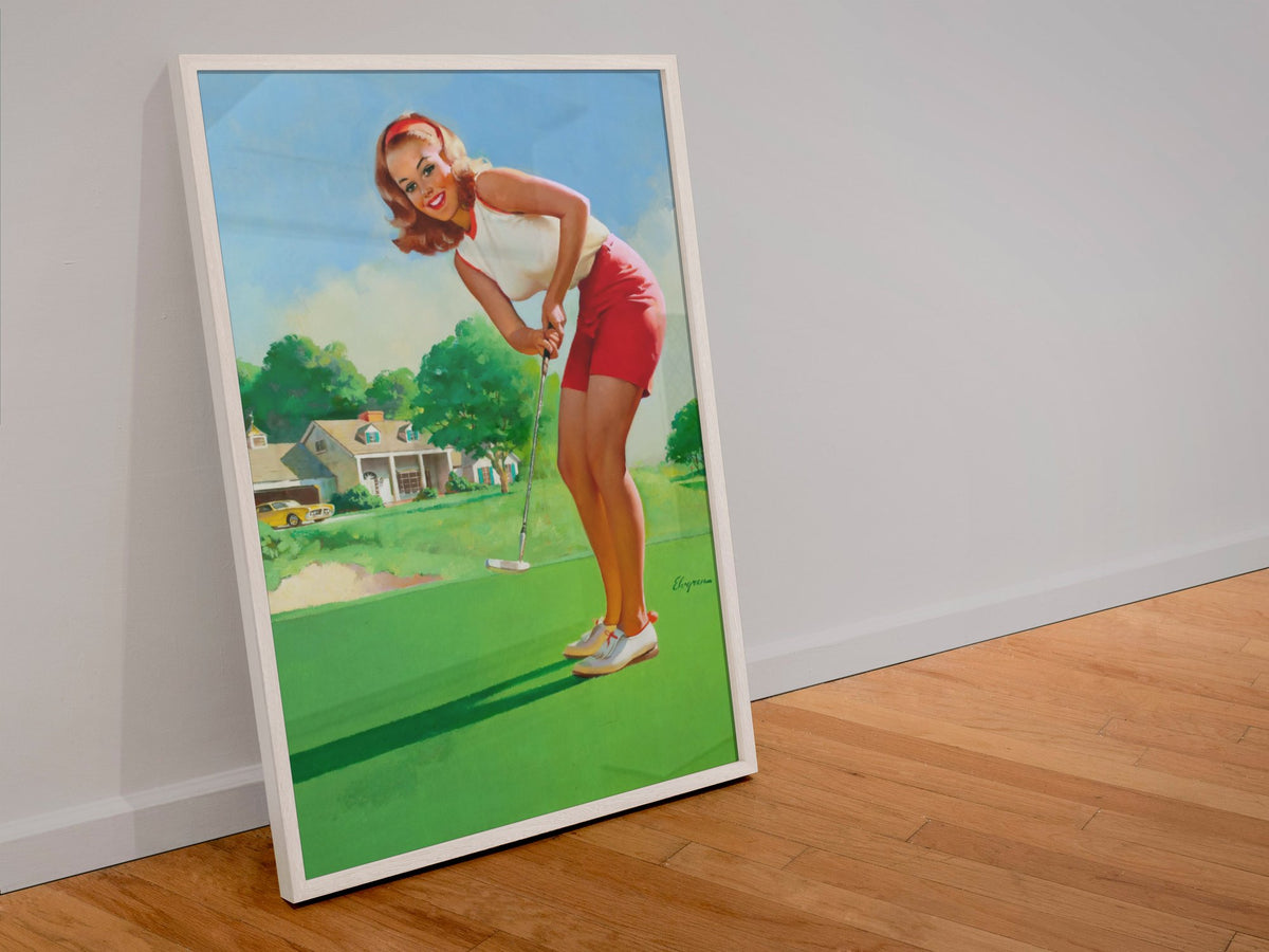 Golfing Girl by Gil Elvgren, pin-up poster — leaning frame