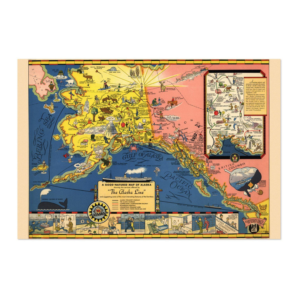 Good Natured Map of Alaska 1934 vintage print