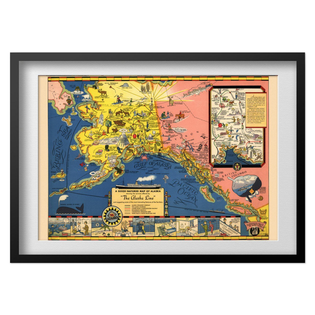 Good Natured Map of Alaska 1934 print in a black frame with a white mat