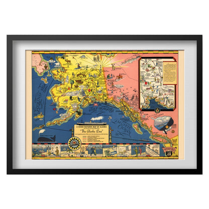 Good Natured Map of Alaska 1934 print in a black frame with a white mat
