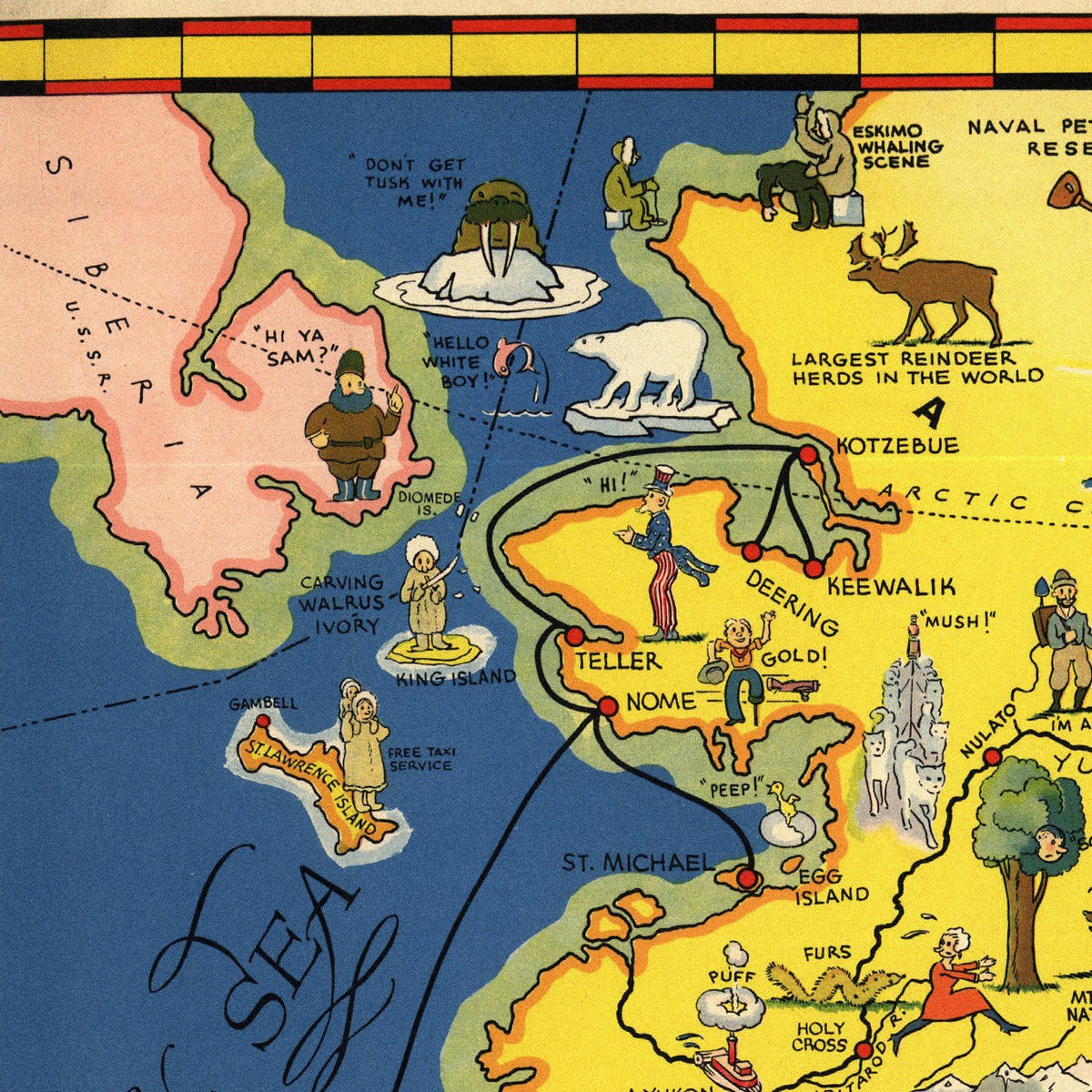 Close-up detail of the Good Natured Map of Alaska 1934
