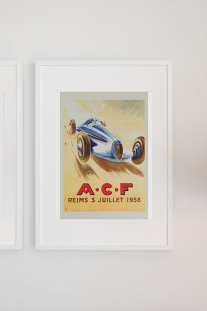 Grand Prix de l'ACF Reims 1938 poster in a white frame on a light wall